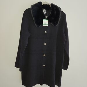 NWT Anne klein black lightweight  sweatercoat with removable faux fur collar